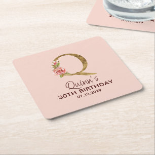 Buchstabe Q Gold Monogramm Blush Rosa Rosen Rechteckiger Pappuntersetzer