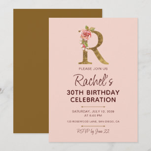 Buchstabe R Gold Monogramm Blush Rosa Rosen Einladung