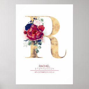 Buchstabe R Monogramm Floral Marineblau und Burgun Poster