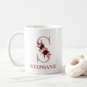 Buchstabe S Burgunder-Rot Floral Kaffeetasse