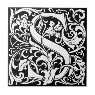 Buchstabe S Jugendstil schwarz-weiß Fliese