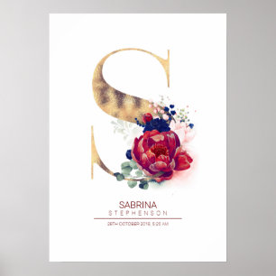 Buchstabe S Monogramm Floral Navyblau und Burgund Poster