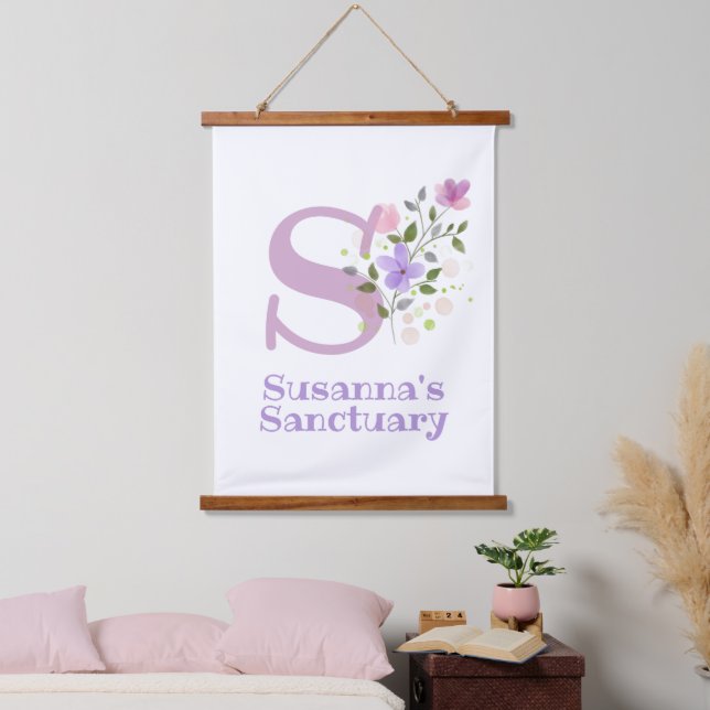 Buchstabe S plus Vorname mit Blumenmuster Wandteppich Mit Holzrahmen (Schlafzimmer)