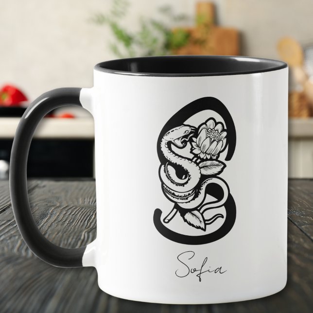 Buchstabe S | Schwarzes Monogramm – Schlange & Blü Tasse (Von Creator hochgeladen)