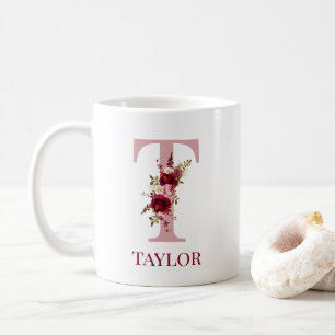 Buchstabe T Burgunder Schimmer Blumenmuster Kaffeetasse