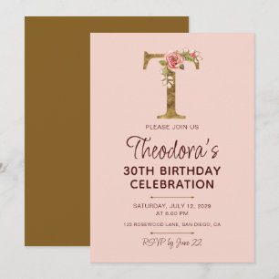 Buchstabe T Gold Monogramm Blush Rosa Rosen Einladung