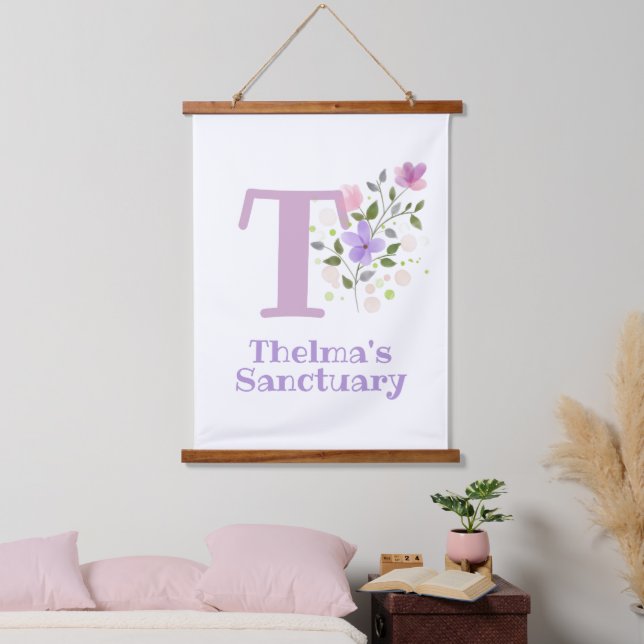 Buchstabe T plus Vorname mit Blumendesign Wandteppich Mit Holzrahmen (Schlafzimmer)