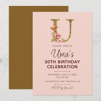 Buchstabe U Gold Monogramm Blush Rosa Rosen Einladung