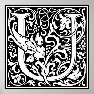 Buchstabe U Mittelalterliche Monogramm-Kunst Nouve Poster