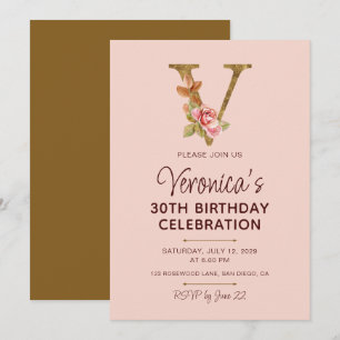 Buchstabe V Gold Monogramm Blush Rosa Rosen Einladung