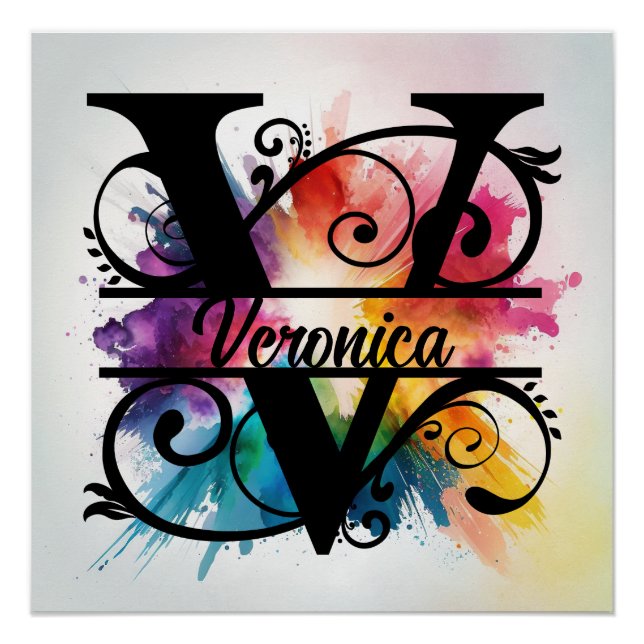 Buchstabe 'V', helle Regenbogenmonogramm, Name der Poster (Vorderseite)
