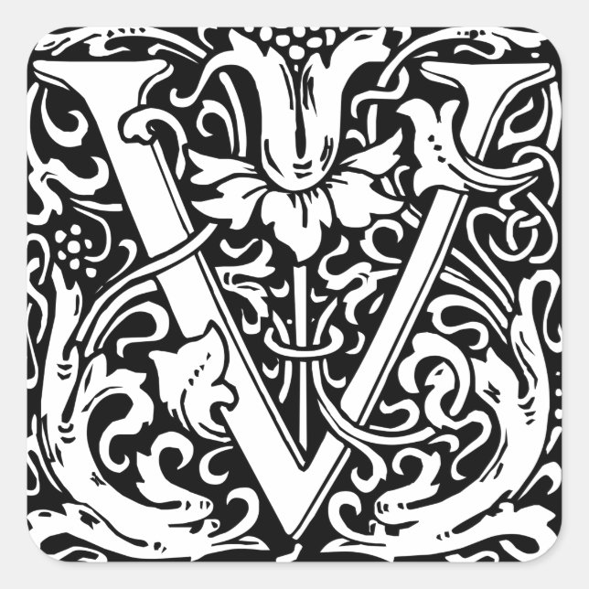 Buchstabe V Mittelalterliches Monogramm Jugendstil Quadratischer Aufkleber (Vorderseite)