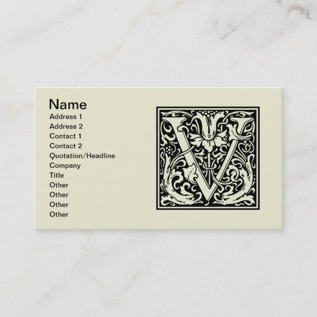 Buchstabe V Mittelalterliches Monogramm Jugendstil Visitenkarte (Vorderseite)