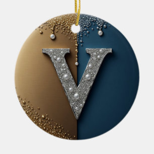 Buchstabe V Monogramm mit Diamanten Perlen Keramik Ornament