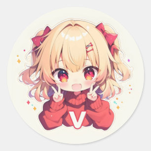 Buchstabe V Süßes Anime Mädchen Runder Aufkleber