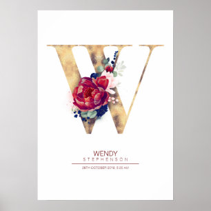Buchstabe W Monogramm Floral Navyblau und Burgund Poster