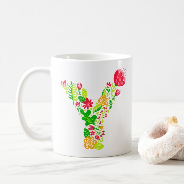 Buchstabe y in Blume Kaffeezubereitung Tasse (Mit Donut)