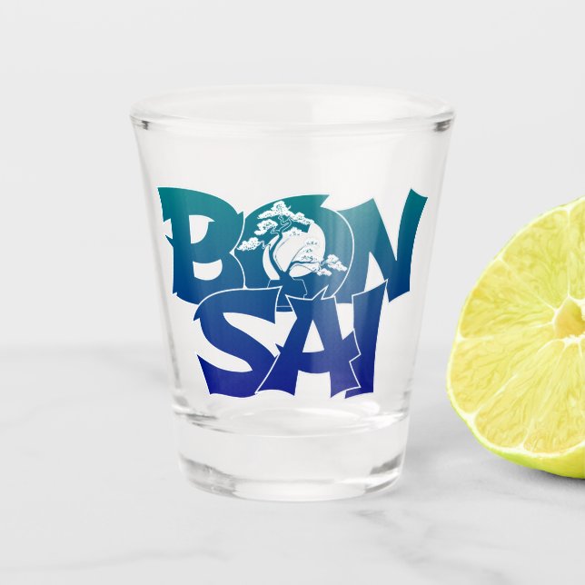 Buchstaben "BONSAI" mit Bonsai-Baum-Shotglas Schnapsglas (Vorderseite)