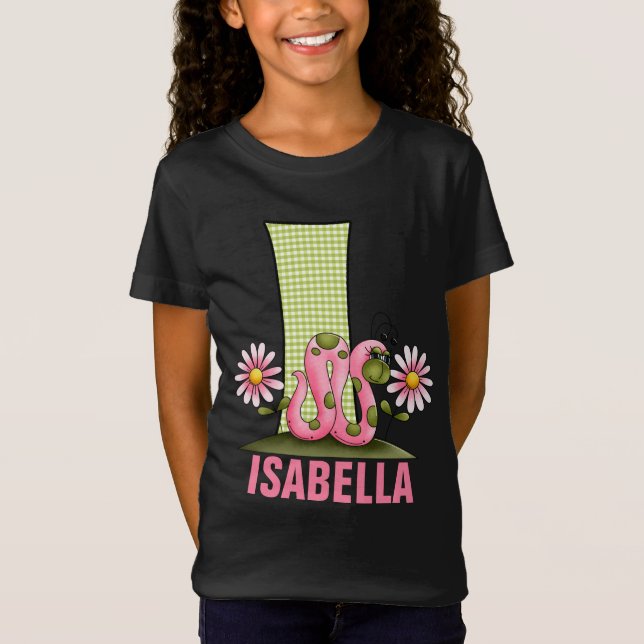 Buchstaben I Monogramm Rosa und Grüner Inchwurm T-Shirt (Vorderseite)