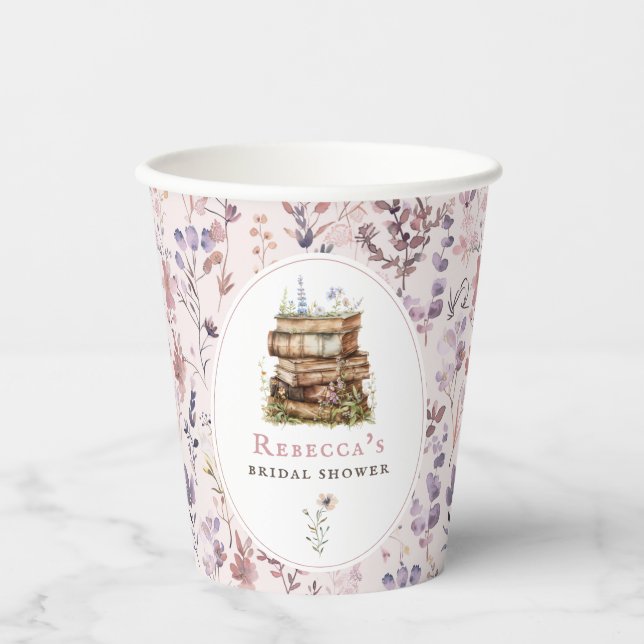 Buchstapel Brautparty Aquarellfarben Wildblume Pappbecher (Vorderseite)