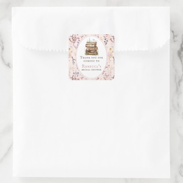 Buchstapel Brautparty Aquarellfarben Wildblume Quadratischer Aufkleber (Tasche)
