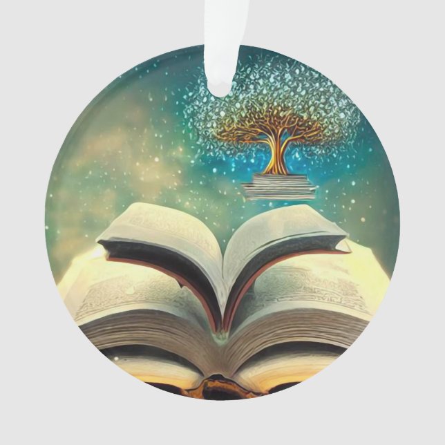 Buchstapelbaum und offene Bücher Ornament (Vorderseite)