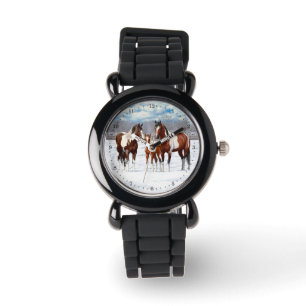 Bucht Pinto Paint Horns im Winter Schnee Armbanduhr