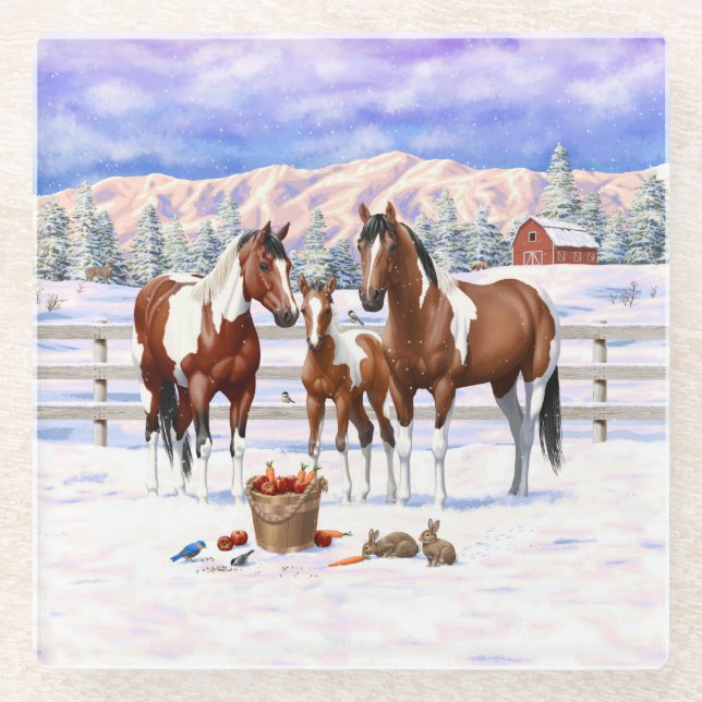 Bucht Pinto Paint Horns im Winter Schnee Glasuntersetzer (Vorderseite)