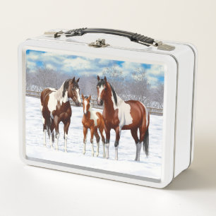 Bucht Pinto Paint Horns im Winter Schnee Metall Lunch Box