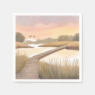 Bucht-Promenade   Luftige Küsten-Aquarellmalerei Serviette