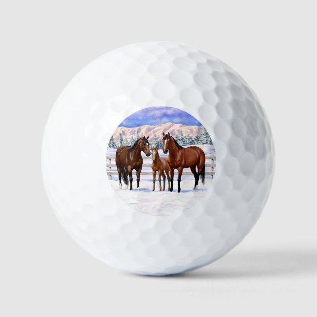 Bucht Quarter Pferde in schneebedeckten Golfplätze Golfball (Vorderseite)