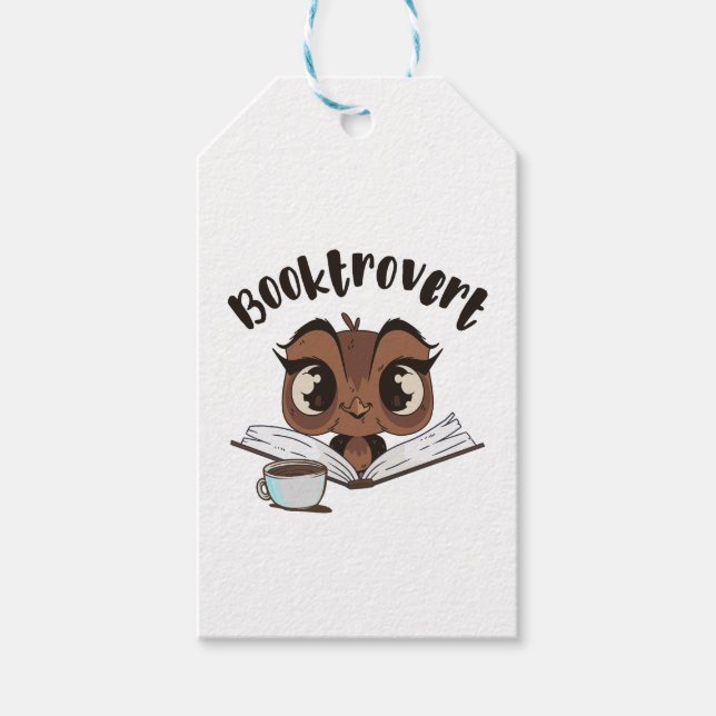Buchtroverte Eule mit Buch und Kaffee Geschenkanhänger (Vorderseite)