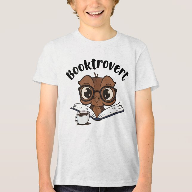 Buchtroverte Eule mit Buch und Kaffee Tri-Blend Shirt (Vorderseite)