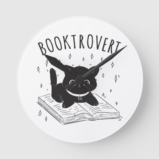 Buchtrovertekatze mit Buch und Sternen Runde Wanduhr (Vorderseite)