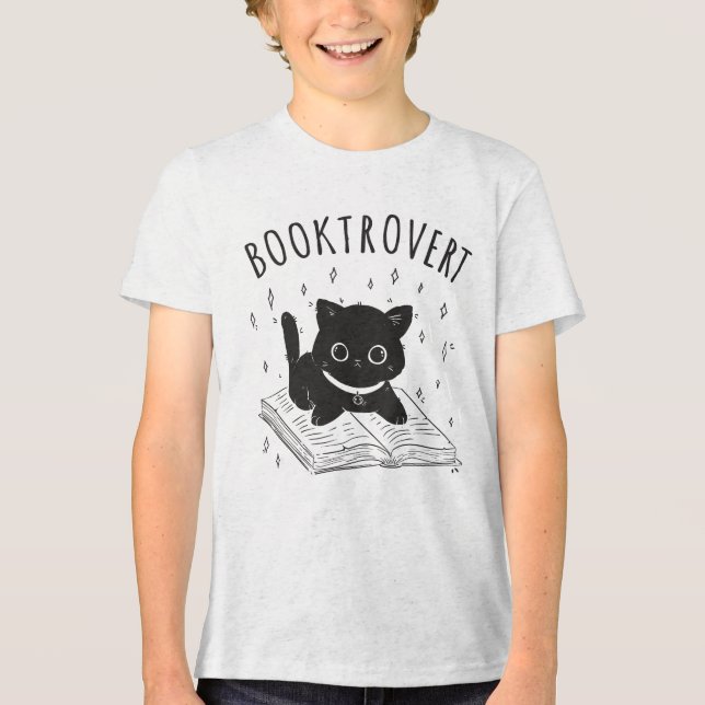 Buchtrovertekatze mit Buch und Sternen Tri-Blend Shirt (Vorderseite)