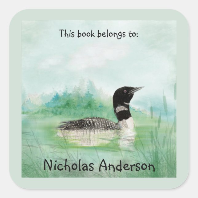 Buchzeichen Loon Bird Art Collection Quadratischer Aufkleber (Vorderseite)