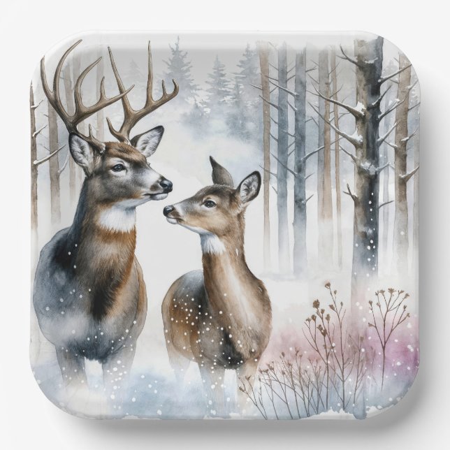 Buck and Doe in Winterwald Pappteller (Vorderseite)