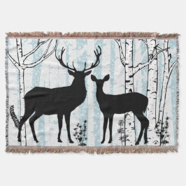 Buck and Doer Deer in Birch Forest Throw Blanket Decke