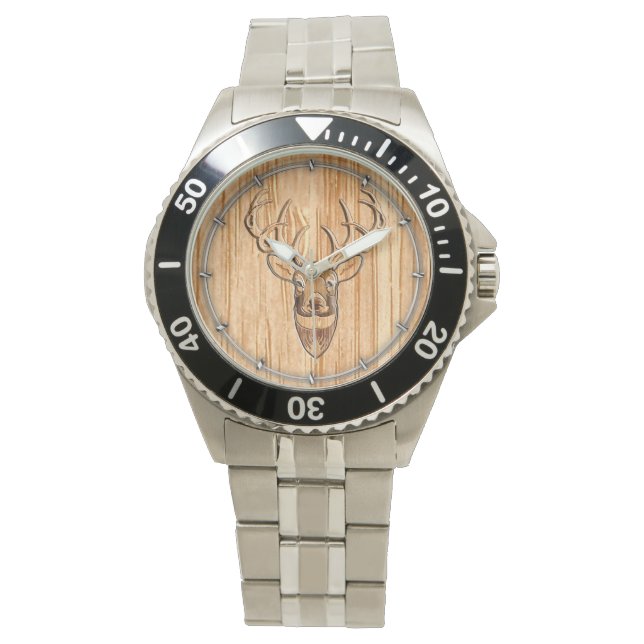 Buck Deer Head Holz Grain Style Armbanduhr (Vorderseite)