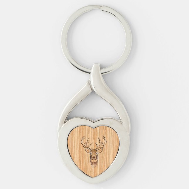 Buck Deer Head Holz Grain Style Dekoration Schlüsselanhänger (Vorderseite)