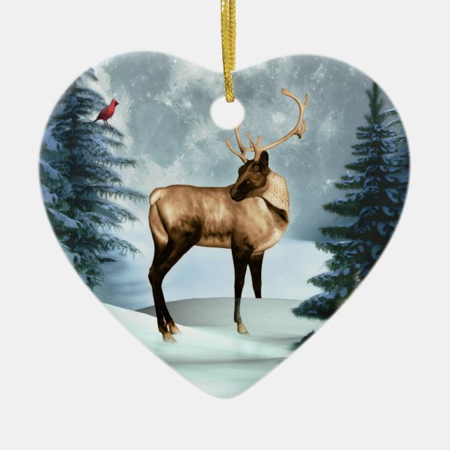 Buck Deer Hiver Scène Ornement cardiaque (Devant)