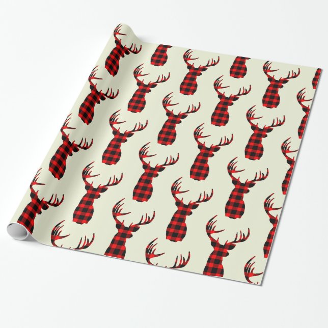 Buck Deer Jagd Red Black Kariert Christmas Geschenkpapier (Ungerollt)