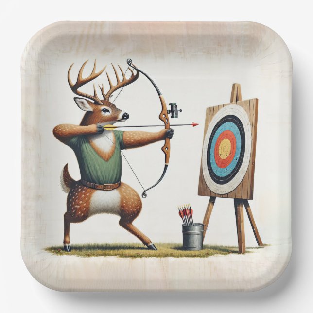 Buck Deer Shooting a Bow and Arrow Pappteller (Vorderseite)