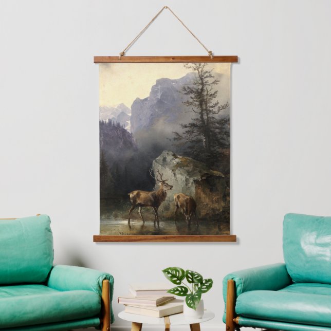 Buck & Doe Dee in Forest Art Wandteppich Mit Holzrahmen (Wohnzimmer)