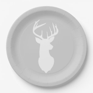 Buck White Deer Silhouette Plate   Light Gray Pappteller