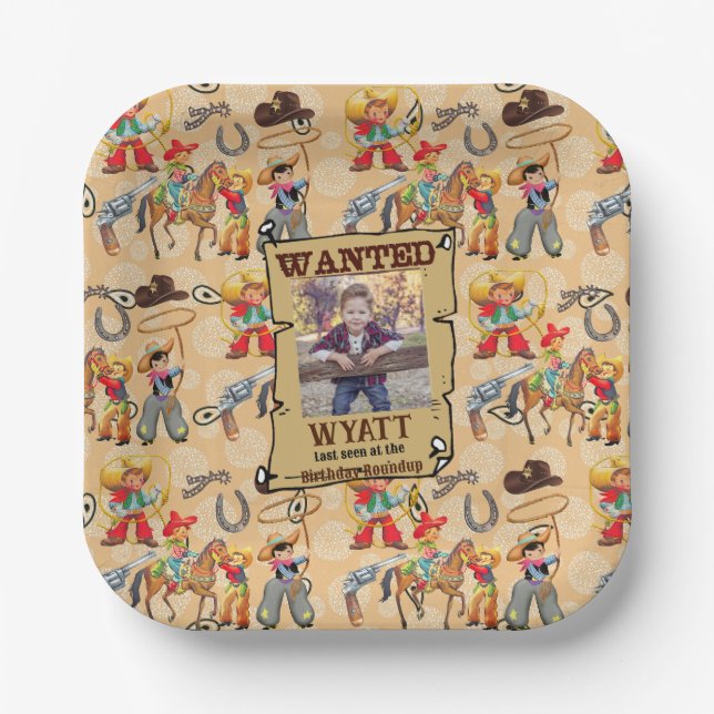 Buckaroo Cowboy Boy's Birthday Foto & Name Niedlic Pappteller (Vorderseite)
