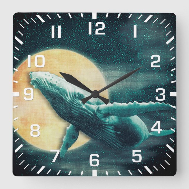 Buckel-Wal, der zur Mond-Wanduhr fliegt Quadratische Wanduhr (Vorderseite)