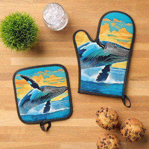 Buckelwal-Ozean-Freiheit-Sprung-Design Ofenhandschuh & Topflappen-Set