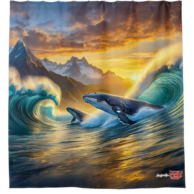 Buckelwale bei Sunset Design von Rich AMeN Gill Duschvorhang (Vorderseite)