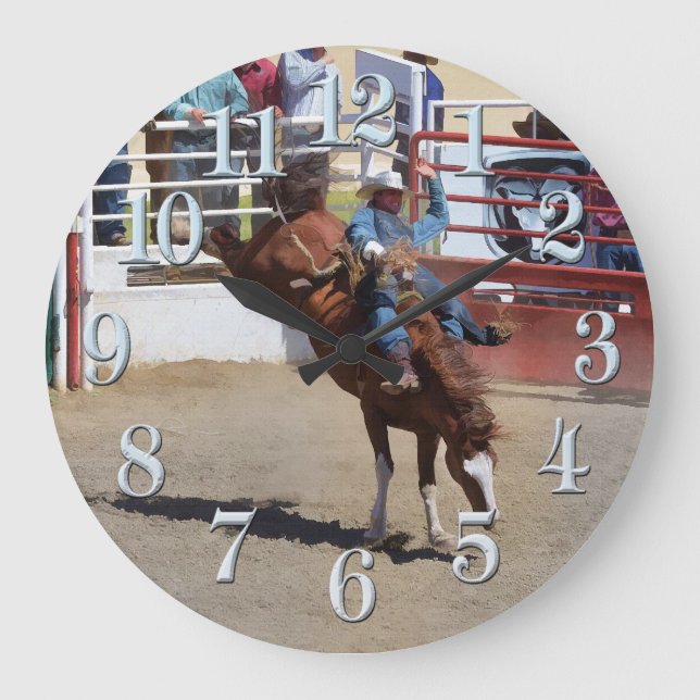 Bucking Bareback Bronco und Rodeo Cowboy Clock Große Wanduhr (Vorderseite)